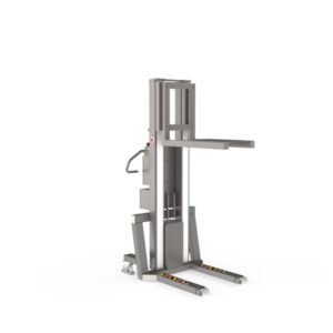 Equipped with a simple fork as lifter tool, this modularly built lifting machine turns into an electric pallet stacker.