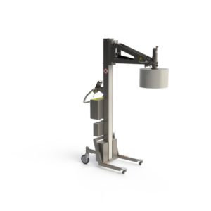 GMP-optimised roll lifting equipment and paper handling equipment in stainless steel for use in cleanroom environments in the pharmaceutical industry. Can both lift and tip the roll.