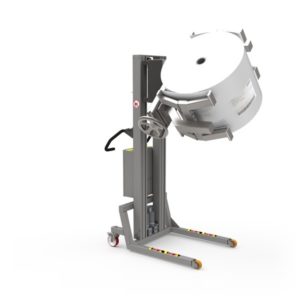 Strong lifting device for handling large rolls externally via linear lifting clamps. A rotation tool allows for turning the roll sideways.