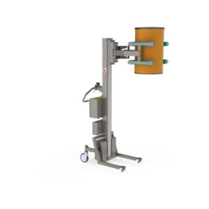 This material handling lift is fitted with a lifting clamp for handling lighter rolls and drums in a pharmaceutical setting.