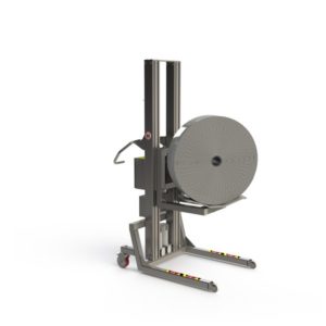 Hygienic and easy-to-clean roll handling equipment for the food and beverage industry. A boom arm with a rotatable V-block holds the roll externally.