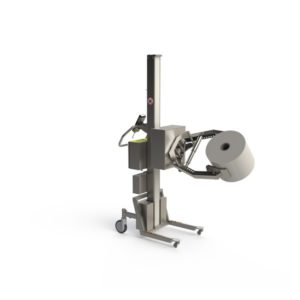 Electric roll lifting equipment for cleanroom use. Features a rotation unit and a scissor clamp for holding the roll.