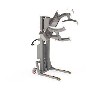 Industrial material handling solution for lifting and turning e.g. rolls or drums. The loads are held via a linear lifting clamp.