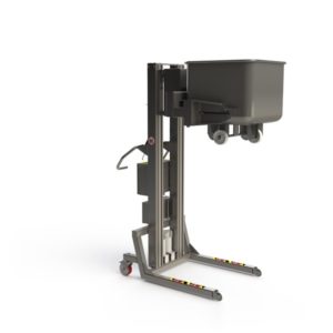 This electric lifter in corrosive resistant hygienic design is fitted with a customized fork which is able to lift special dollies and then rotate them sideways for the purpose of e.g. emptying.