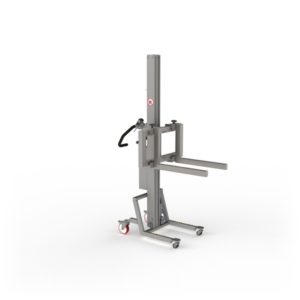 A mini lift combined with an adjustable fork - ideal for handling e.g. boxes of varying width.