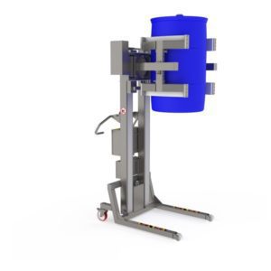 This drum lift is designed for use in cleanrooms. On it is mounted a linear lifting clamp for external handling for drums.