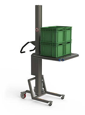 Material handling machinery for storage featuring a platform with rollers at the edges to ease loading and off-loading. On the platform are two green plastic boxes.
