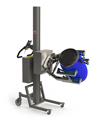 Stainless steel barrel and drum lift. The lifter tool, a scissor lift clamp, combined with a rotation unit allows for both lifting and turning the load.