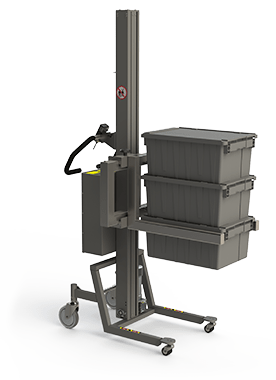 Industrial lifting and handling solution with an adjustable fork carrying boxes.