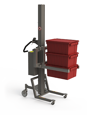 Material handling equipment with adjustable fork and red boxes.