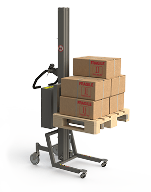 A lightweight pallet lifter equipped with a fork and half a Euro-pallet with 5 cardboard boxes.