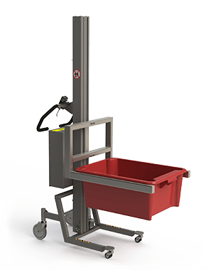 On this industrial lifting device we have attached a simple fork to lift e.g. boxes and pallets. Here it is handling a red plastic box.