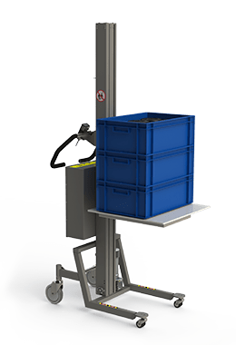 Fully electric storage material handling equipment with a nylon platform for handling e.g. boxes. 