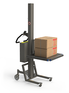 Industrial platform lifter with platfom rollers and cardboard boxes.