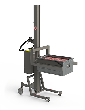 On this industrial lifting solution, a vertical lift in stainless steel is mounted a fork with tilting support (self-clamping edges) ideal for handling metal boxes.