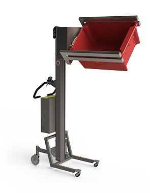 An intelligent material handling lift for lifting and turning boxes. A special double fork will hold the box in place via its edges.