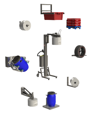 Industrial material handling equipment for lifting and handling rolls, boxes, pallets, and drums.