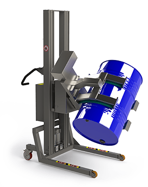 Fully electric industrial drum lifter handler with rotation unit and a linear lifter clamp for external holding of the drum or barrel.