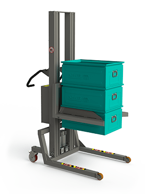 Strong material lifting equipment with a fork fitted with self-clamping edges ideal for lifting metal boxes.