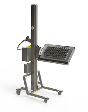 A customised lifting solution in stainless steel for the food and beverage industry. It features a special tool designed to lift and rotate a mould injector or chocolate former.