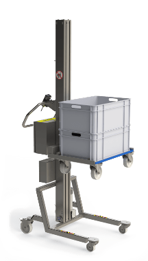 Stainless steel material handling lift ideal for the food and beverage industry. Here the lifting tool is an angle-shaped fork able to lift a dolly with two plastic boxes.