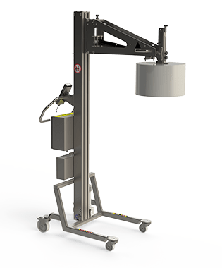 Stainless steel and corrosive resistant electric roll lifter with core grip for handling e.g. paper. The lifting tool can lift and tip the roll.