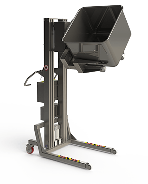 Customised electric stainless steel lifter with a specially built fork to lift and turn a special trolley in the food and beverage industry.