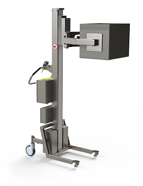 This industrial lifting system features a special box gripper consisting of an electric clamp with rubber padded grippers.