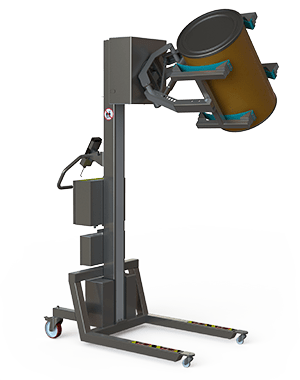 This stainless steel, clean room electric drum handler solution features a rotation unit and a scissor lifting clamp ideal for handling drums in pharmaceutical environments.