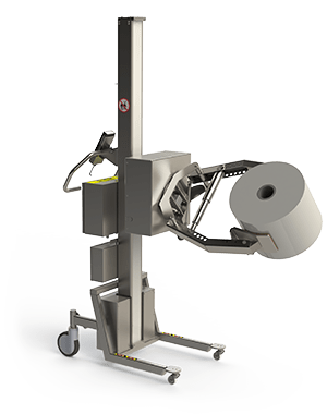 Electric roll lifting equipment for cleanroom use. Features a rotation unit and a scissor clamp for holding the roll.