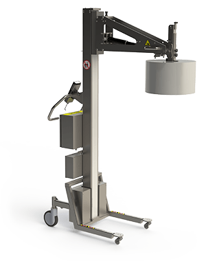 GMP-optimised roll lifting equipment and paper handling equipment in stainless steel for use in cleanroom environments in the pharmaceutical industry. Can both lift and tip the roll.