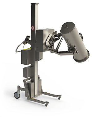 Bespoke cleanroom electric lifter for handling (lifting and rotating) a filter housing (cylinder object). The lifter tool consists of a rotation unit with a scissor lift clamp. 2Lift ApS. 