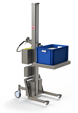 This electric lifting device for use in the pharma industry is equipped with a metal platform for handling e.g. boxes. 