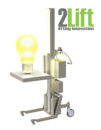 2Lift logo and material handling lift with light bulb.