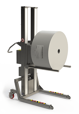 This waterproof and contamination safe roll lifter is fitted with a double mandrel for external handling of large and heavy rolls and reels.