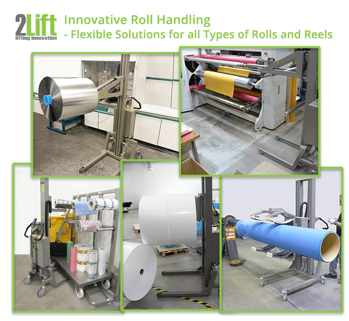 Flexible roll handling equipment for lifting and handling all types of rolls and reels: paper, foil, plastic, rubber etc.