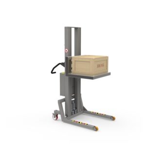 Vertical lift with a metal platform for handling many different types of loads, e.g. boxes.