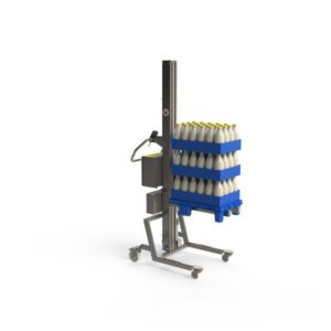 Lightweight and maneuverable industrial material handling equipment for the food and beverage industry. A simple fork is lifting a quarter pallet with milk bottles.