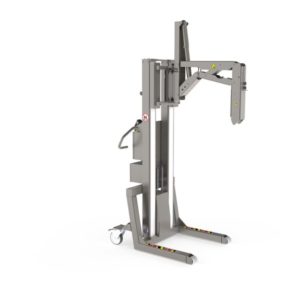 This vertical lift for clean room use is equipped with an electrically operated roll lifting tool with inner grip. This tool allows for both turning and tipping the roll.