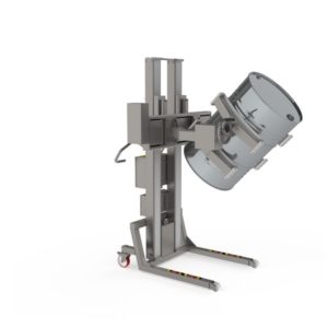 This electric pharma drum lifting device features an electric linear lifter clamp along with a manually operated tipping unit.