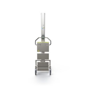 This battery powered lift is made in stainless steel designed for the pharma and biotech industry. It can lift up to 150 kg, which is including the lifter tool.