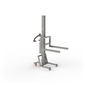 Material handling equipment with a simple fork to lift boxes or pallets.