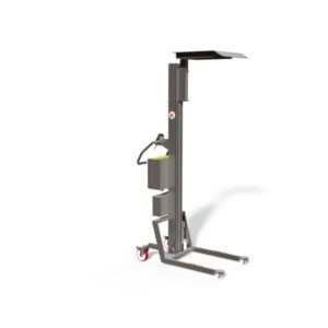 This vertical lifter is fitted with a special metal platform with a sliding edge which is helpful when loading and off-loading.