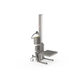 This waterproof material handling lift in stainless steel is fitted with a simple metal platform for handling e.g. boxes or drums.