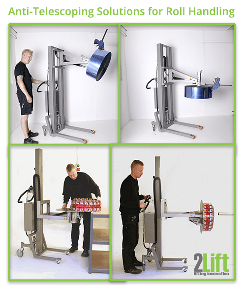 Examples of anti-telescoping solutions for roll handling and lifting. 2Lift Aps.