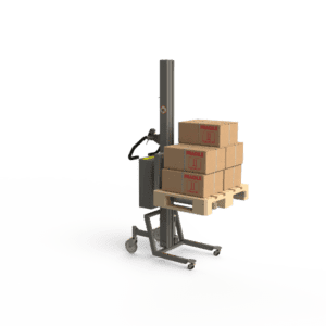 A lightweight pallet lifter equipped with a fork and half a Euro-pallet with 5 cardboard boxes.