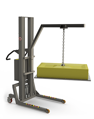 Custom designed crane lifter with a boom arm and rail system for lifting objects like heavy plates, here a machine cover. 2Lift ApS.