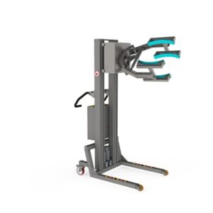 A material handling solution for lifting and turning e.g. rolls or drums via scissor lifting clamps.
