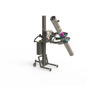 Strong and mobile cylinder handling equipment. A rotation unit along with a scissor lifting clamp and grippers allows for turning the cylinder sideways.