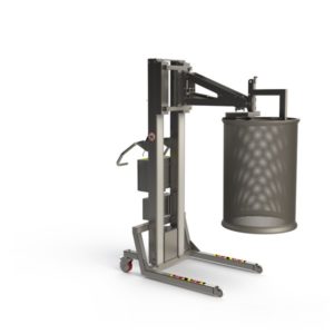 Smart, customised, industrial lifting system with a manual gripper to lift and tip a large filter. 2Lift ApS.